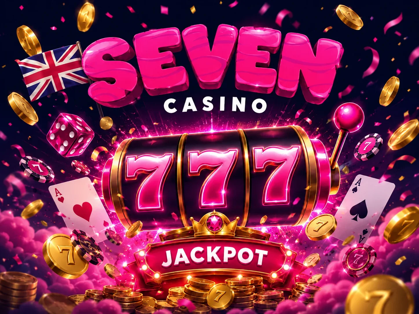 Jackpot reel in the brand style Gold-framed reel showing three pink sevens above a jackpot sign, with coins, dice and aces around it