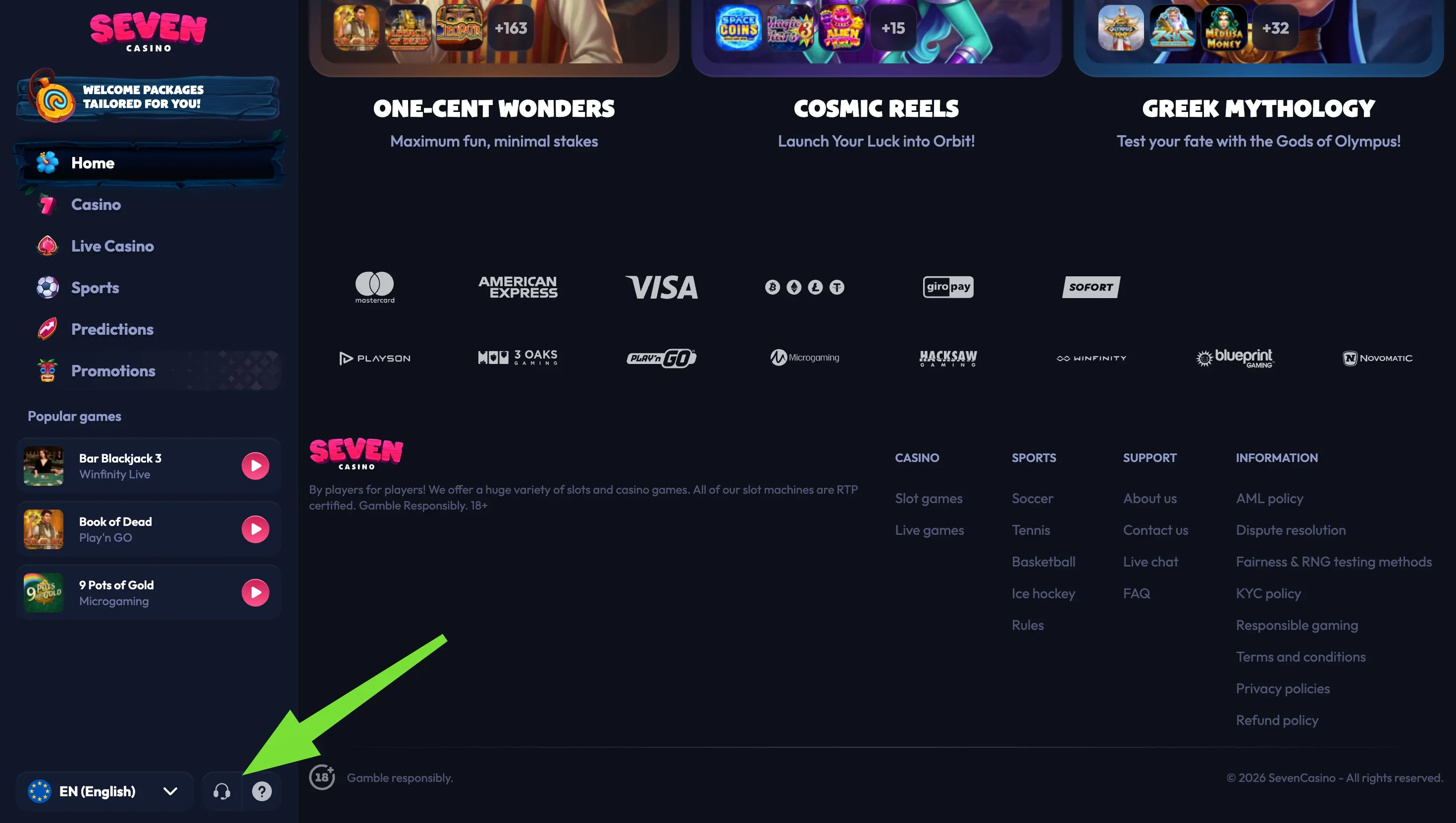 Footer with Mastercard, American Express, Visa, crypto, giropay and Sofort logos above links to AML and KYC policies
