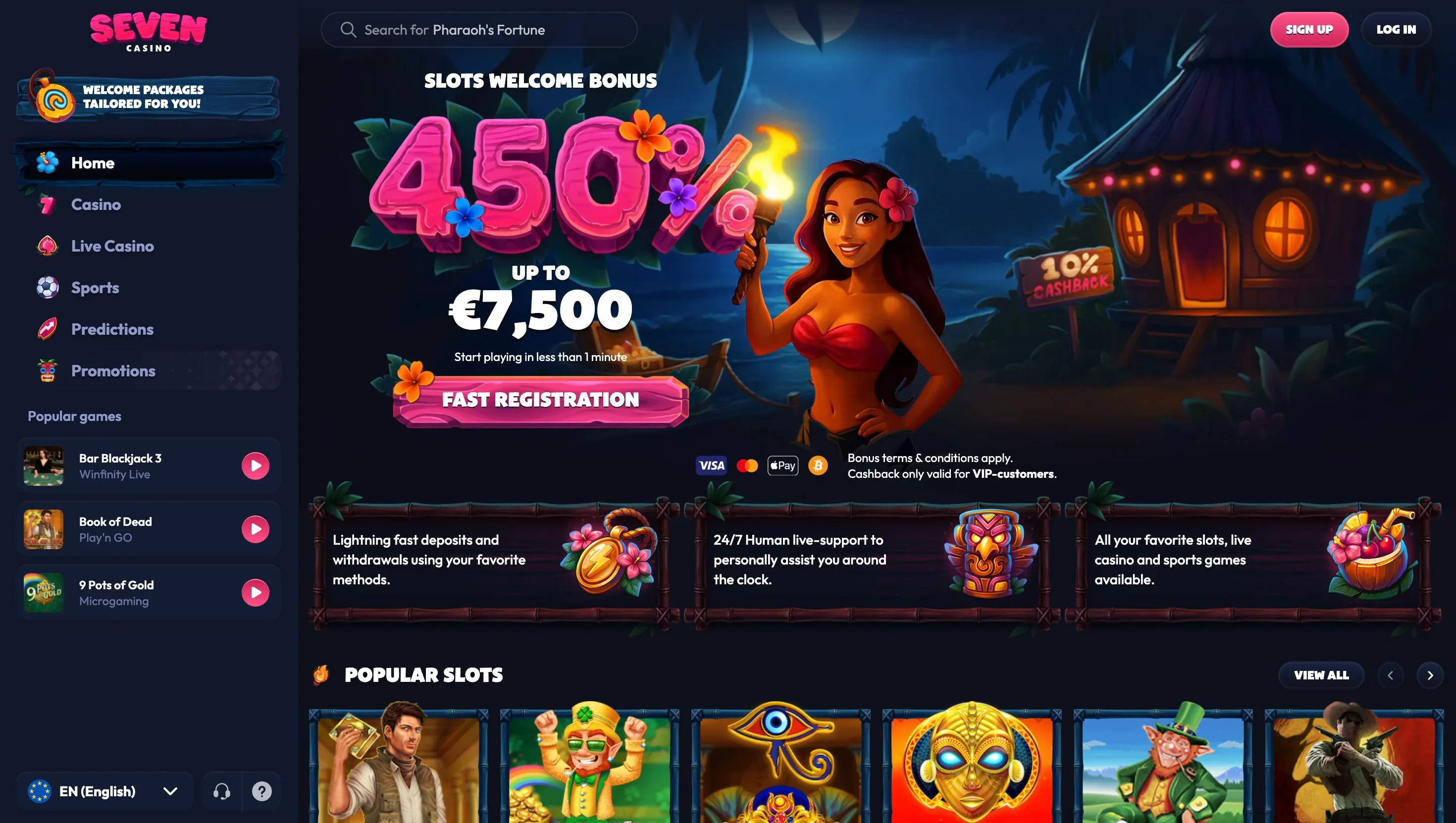 Welcome banner and the sidebar menu Home page banner reading 450% up to EUR 7,500 with a Fast registration button and the popular slots row below