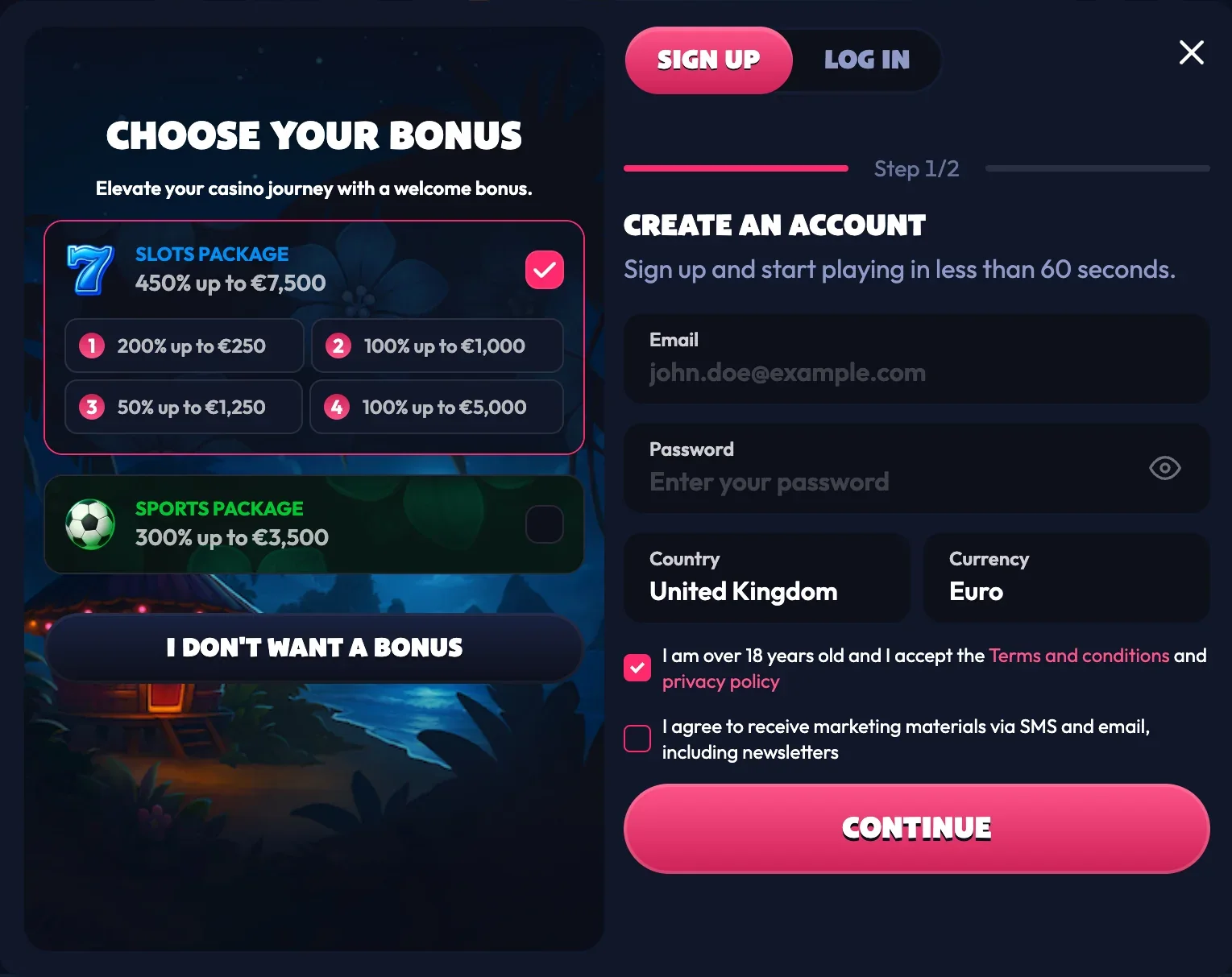 First screen of the sign-up form Sign-up screen 1 of 2: email and password fields, country set to United Kingdom, currency set to Euro