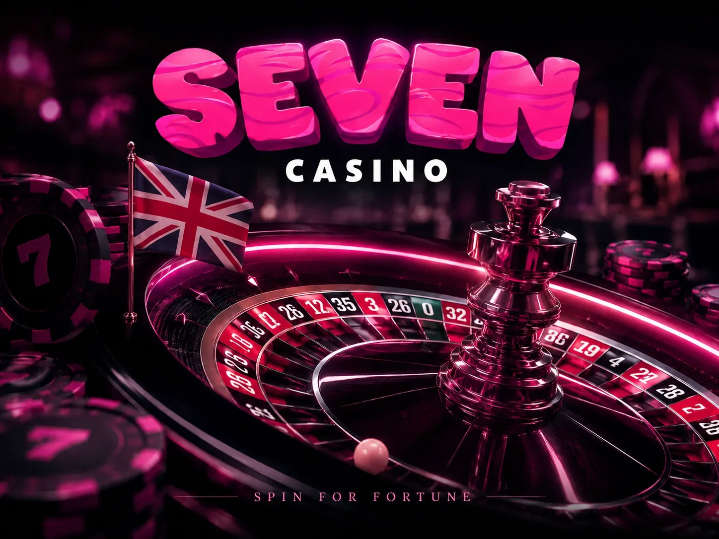 Roulette table in the brand colours Roulette wheel in pink neon with a Union Jack on the rim and stacks of chips marked with a seven