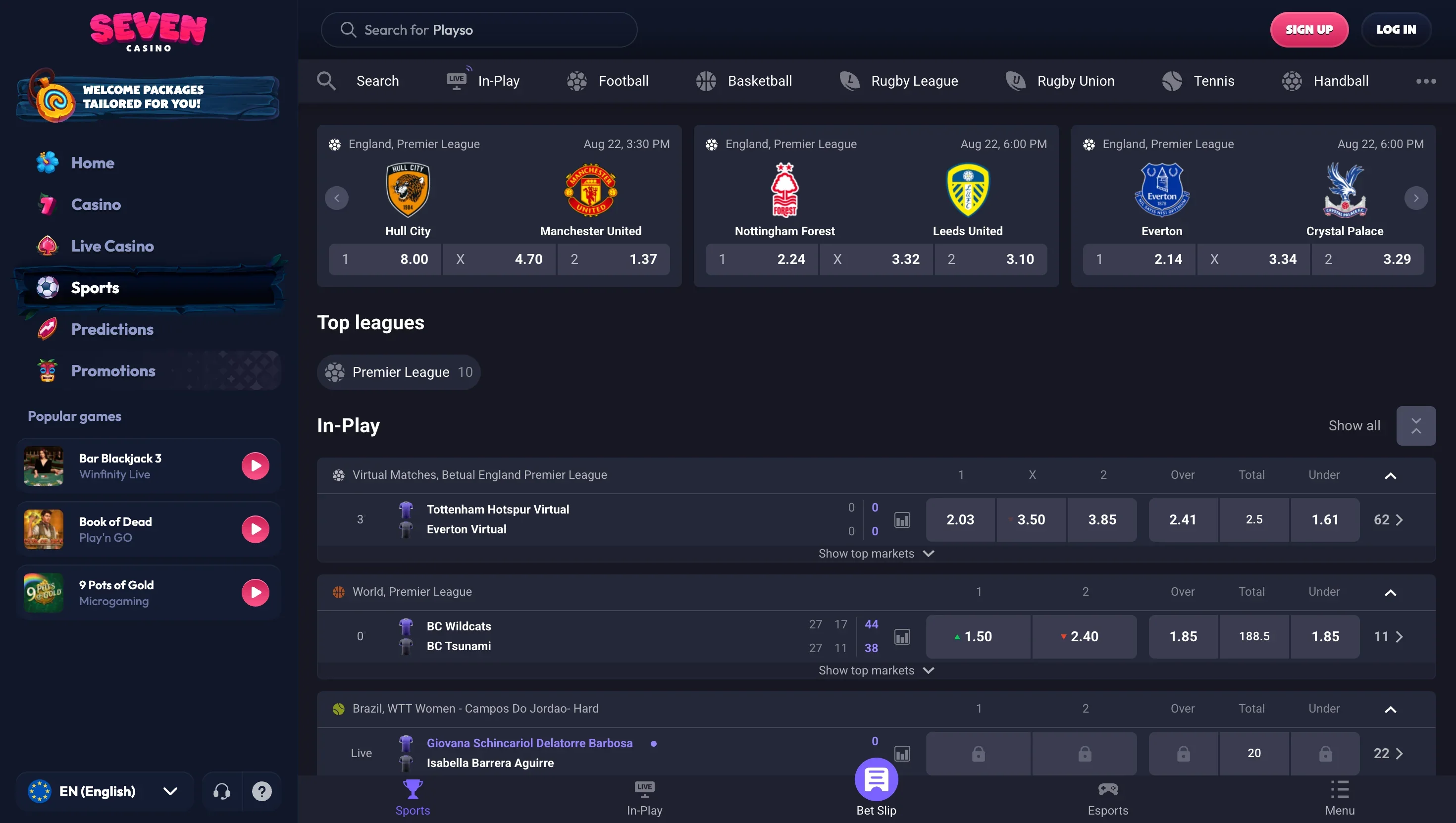 Football odds and the in-play block Premier League fixtures with odds: Hull City against Manchester United at 8.00, 4.70 and 1.37, plus in-play rows