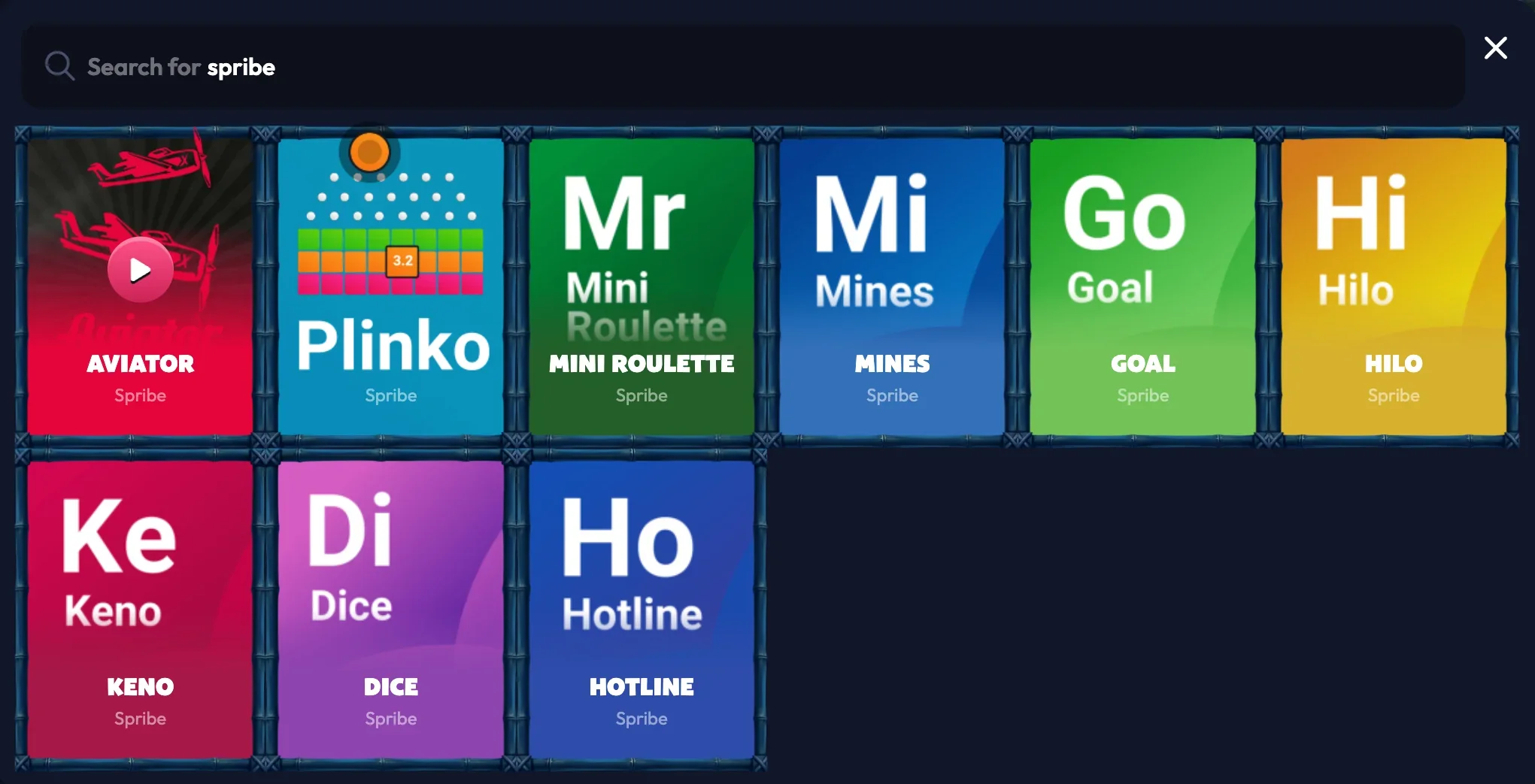 Spribe titles in the game search Spribe tiles in the game search: Aviator, Plinko, Mini Roulette, Mines, Goal, Hilo, Keno, Dice and Hotline