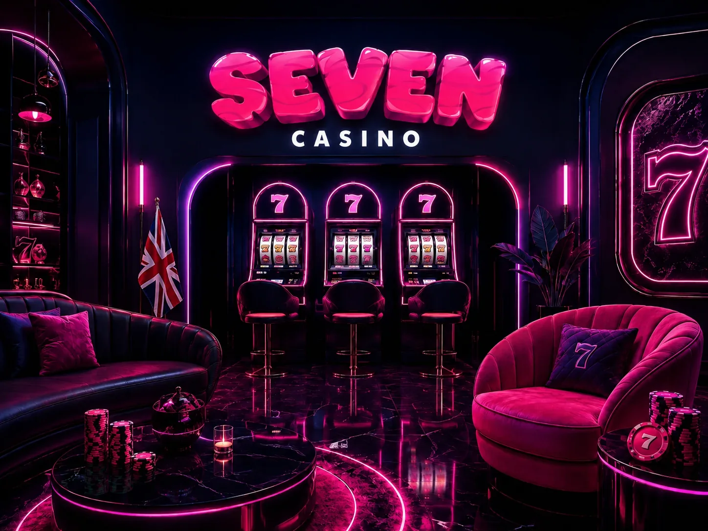 Neon-lit lounge with three slot cabinets, a Union Jack on a pole, velvet seating and chips on a marble table